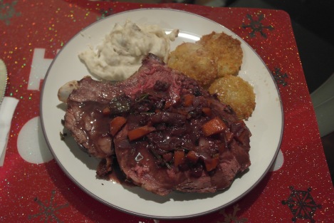 Prime Rib with Cabernet Vegetable Jus, Fried Green Tomatoes, and Mashed Potatoes