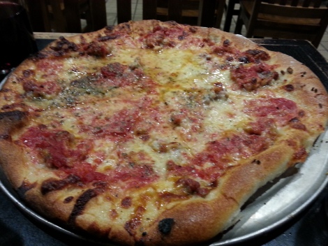 Italian Cheese, Sausage and Garlic Pizza at Santarpio's Pizza
